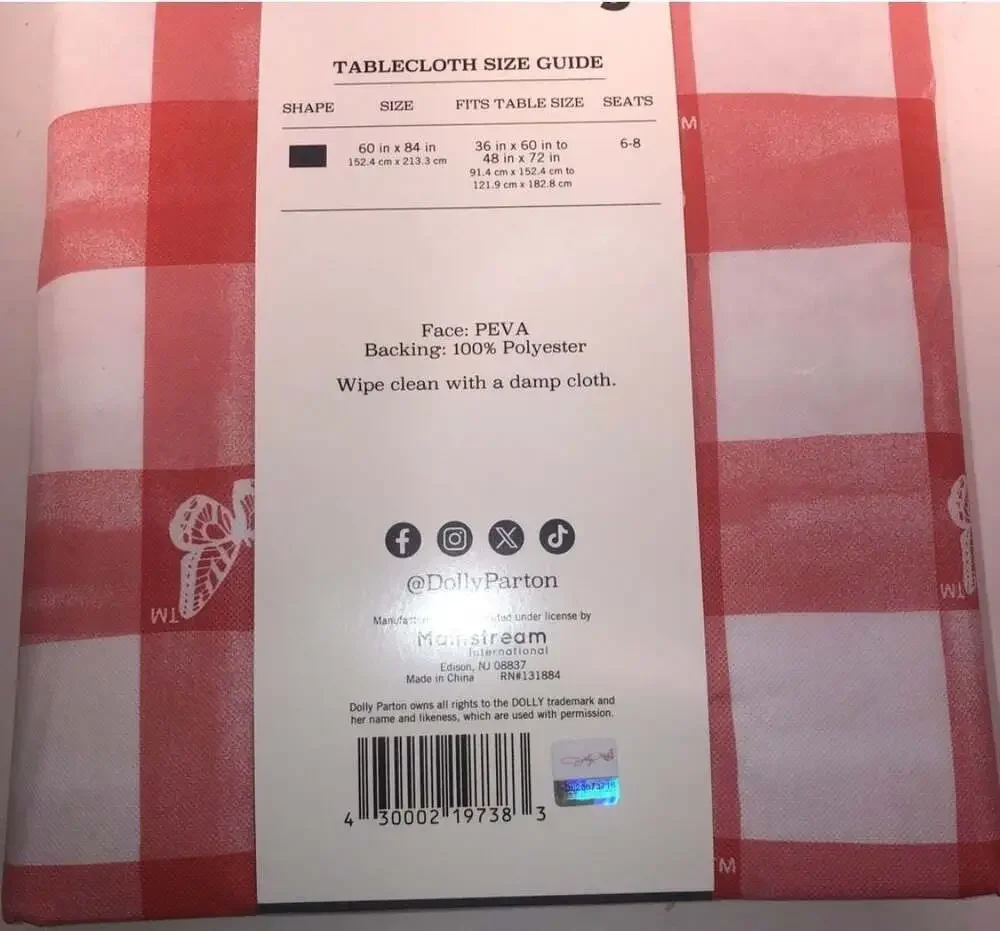 Dolly Parton From My Heart To Your Home PEVA Tablecloth 60 in x 84 in Red Gingha
